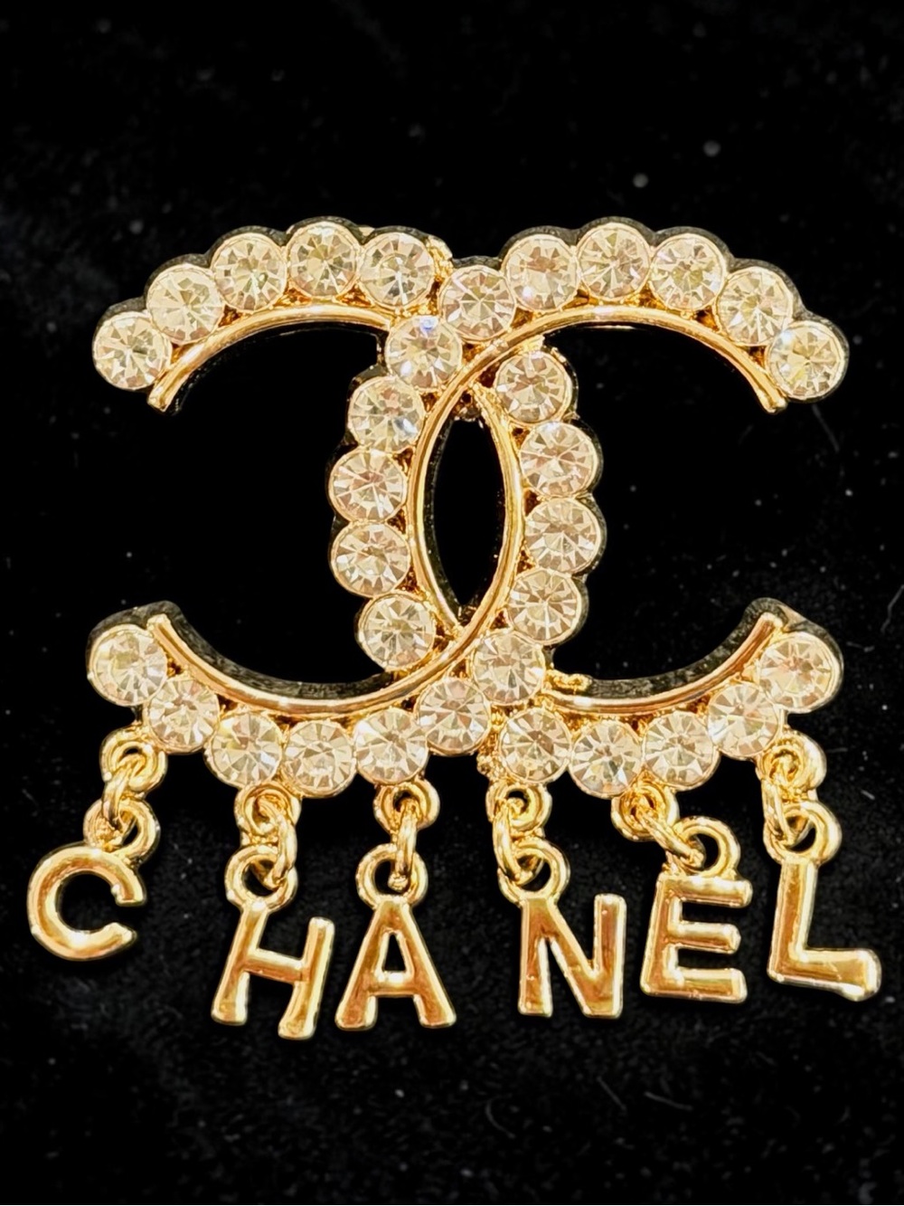 Gold Crystal Double Letter Statement Dangle Brooch Pin | Rhinestone Fashion